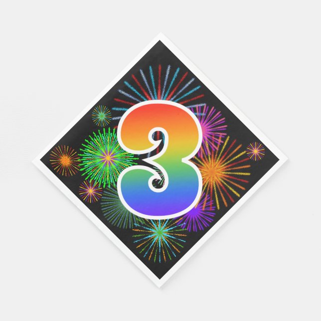 Colourful Fireworks + Rainbow Pattern "3" Event # Napkin (Corner)