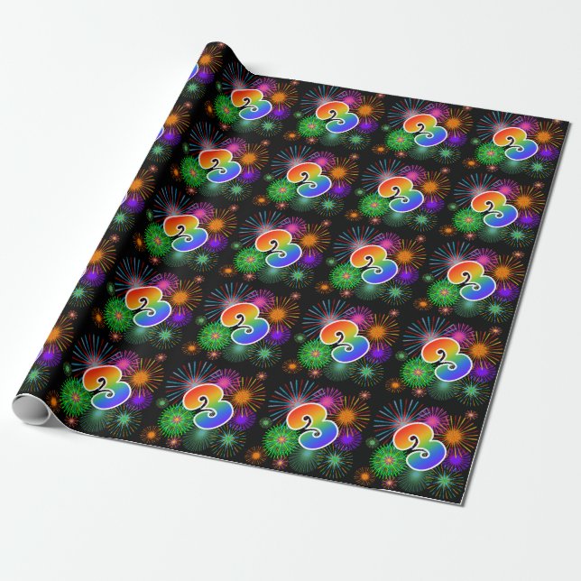 Colourful Fireworks + Rainbow Pattern "3" Event # Wrapping Paper (Unrolled)