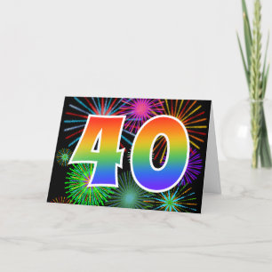 Colourful Fireworks + Rainbow Pattern "40" Event # Card