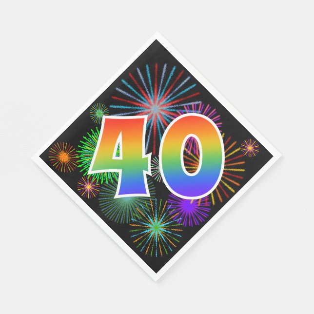 Colourful Fireworks + Rainbow Pattern "40" Event # Napkin (Corner)