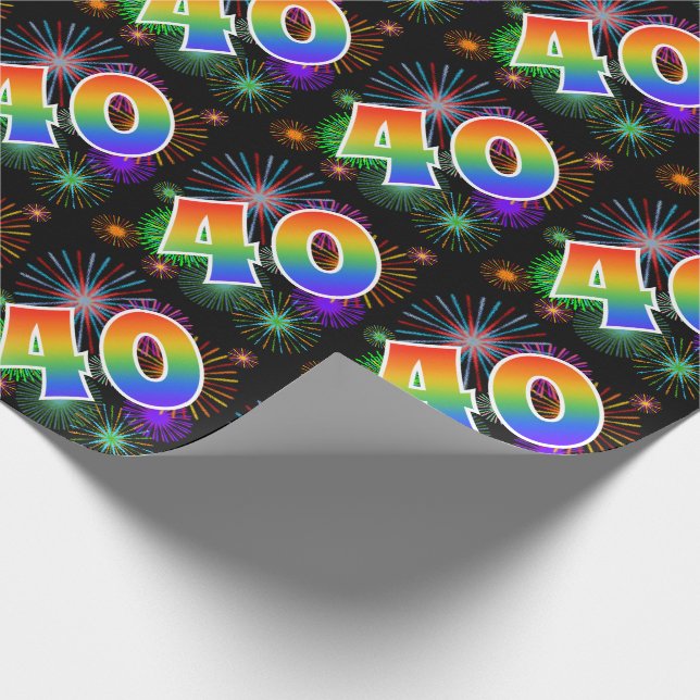 Colourful Fireworks + Rainbow Pattern "40" Event # Wrapping Paper (Corner)