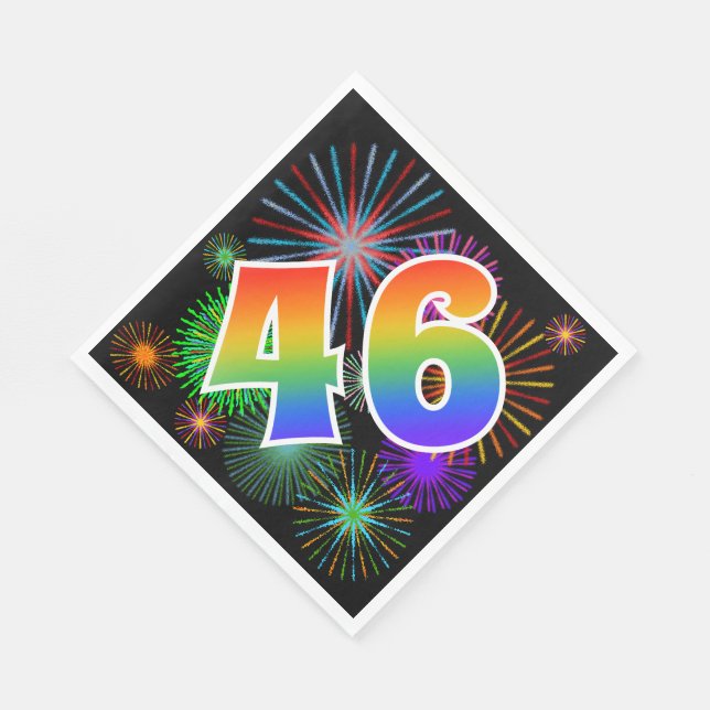 Colourful Fireworks + Rainbow Pattern "46" Event # Napkin (Corner)