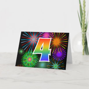 Colourful Fireworks + Rainbow Pattern "4" Event # Card