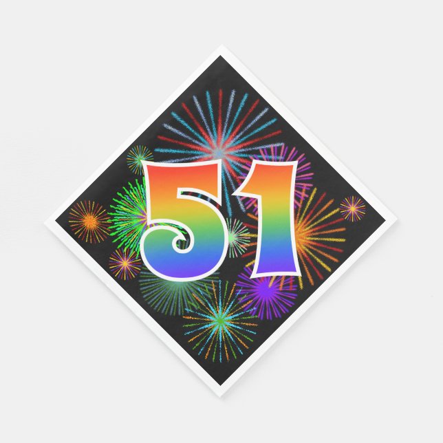 Colourful Fireworks + Rainbow Pattern "51" Event # Napkin (Corner)