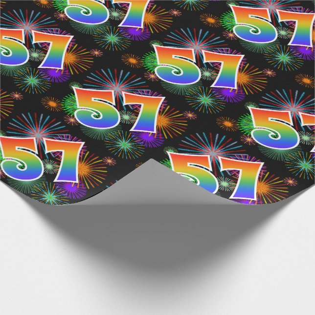 Colourful Fireworks + Rainbow Pattern "57" Event # Wrapping Paper (Corner)