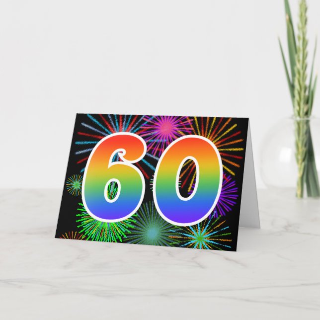Colourful Fireworks + Rainbow Pattern "60" Event # Card (Front)