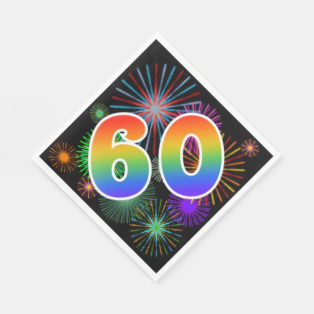Colourful Fireworks + Rainbow Pattern "60" Event # Napkin (Corner)