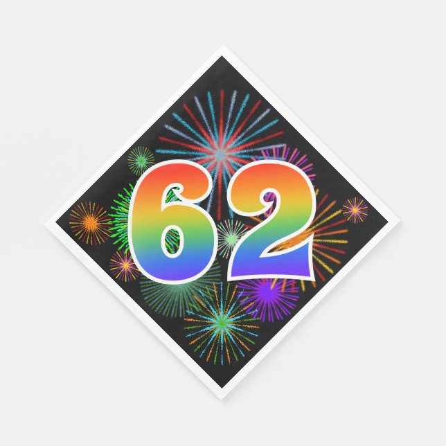 Colourful Fireworks + Rainbow Pattern "62" Event # Napkin (Corner)