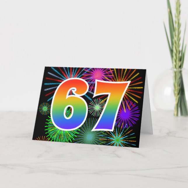 Colourful Fireworks + Rainbow Pattern "67" Event # Card (Front)
