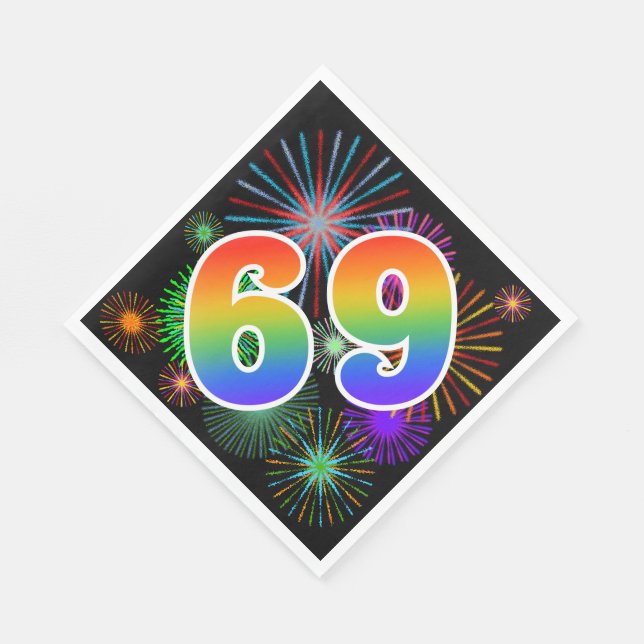 Colourful Fireworks + Rainbow Pattern "69" Event # Napkin (Corner)
