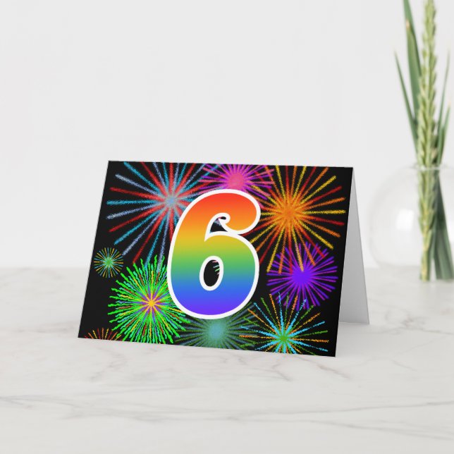 Colourful Fireworks + Rainbow Pattern "6" Event # Card (Front)