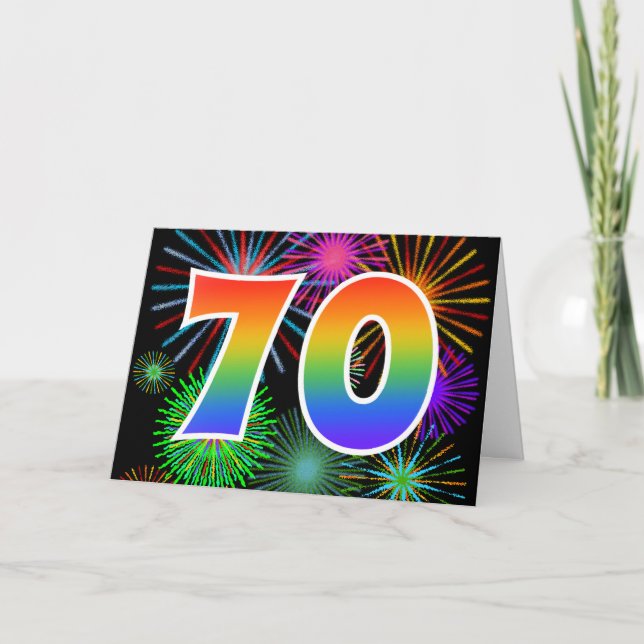 Colourful Fireworks + Rainbow Pattern "70" Event # Card (Front)