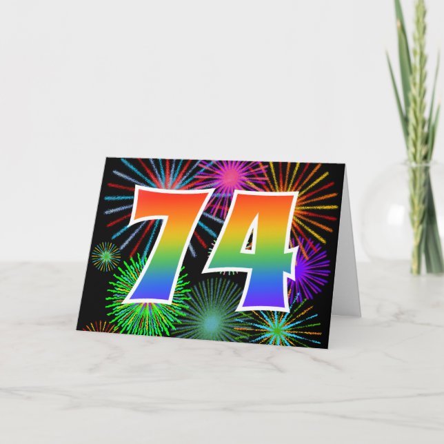 Colourful Fireworks + Rainbow Pattern "74" Event # Card (Front)