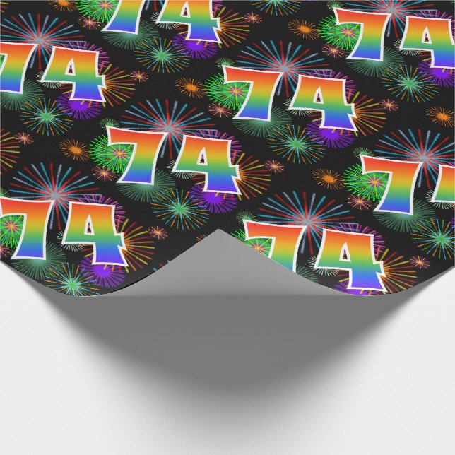 Colourful Fireworks + Rainbow Pattern "74" Event # Wrapping Paper (Corner)