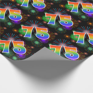 Colourful Fireworks + Rainbow Pattern "75" Event # Wrapping Paper