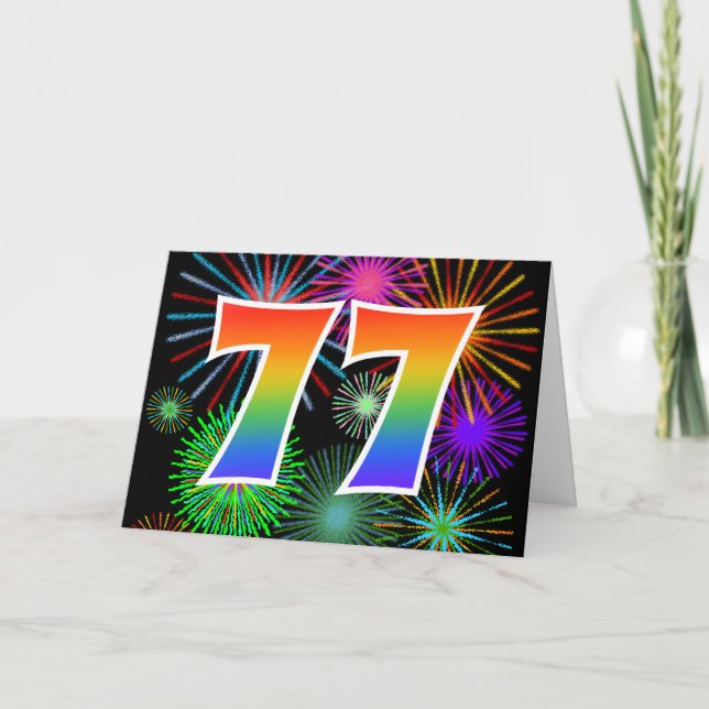 Colourful Fireworks + Rainbow Pattern "77" Event # Card (Front)