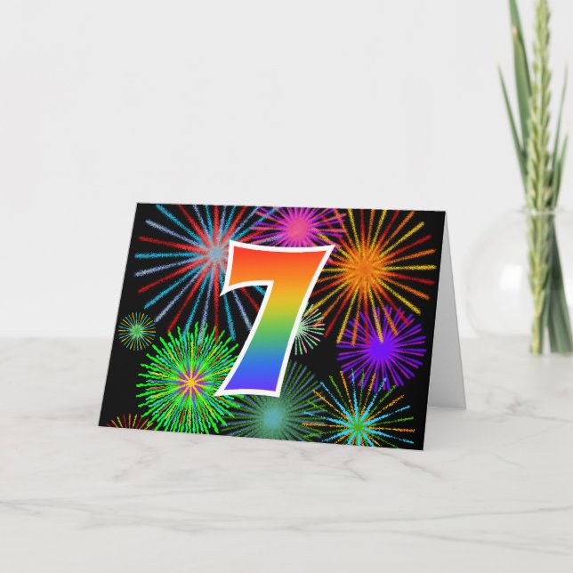 Colourful Fireworks + Rainbow Pattern "7" Event # Card (Front)