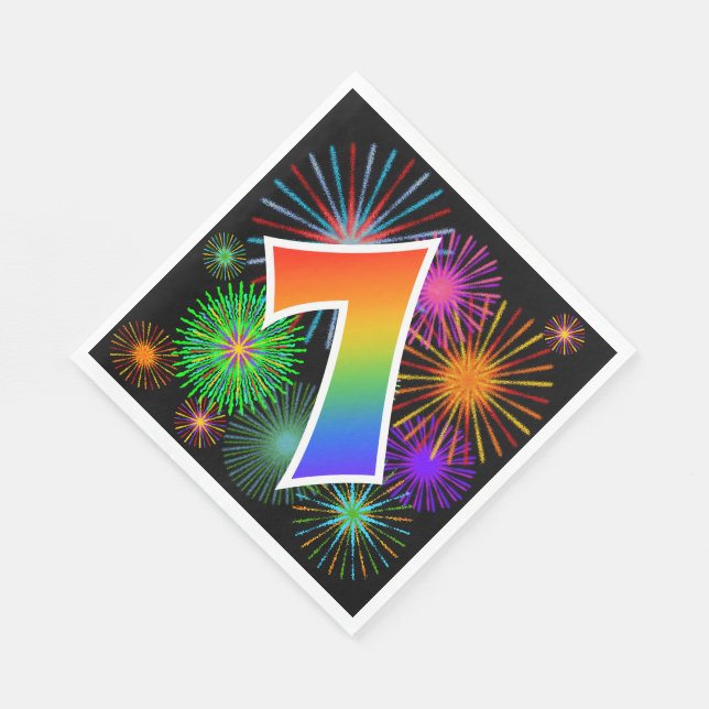 Colourful Fireworks + Rainbow Pattern "7" Event # Napkin (Corner)
