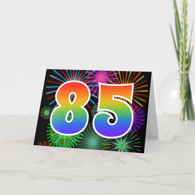 Colourful Fireworks + Rainbow Pattern "85" Event # Card (Front)