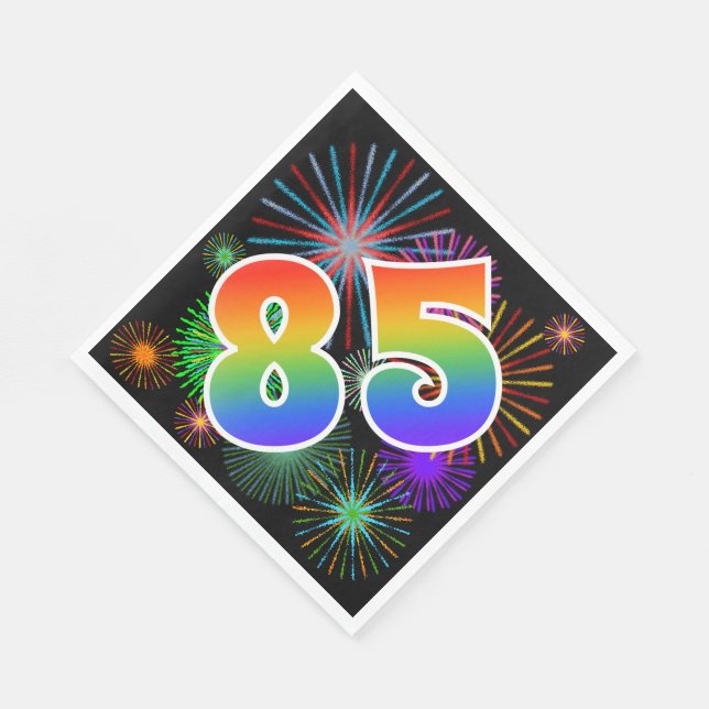 Colourful Fireworks + Rainbow Pattern "85" Event # Napkin (Corner)