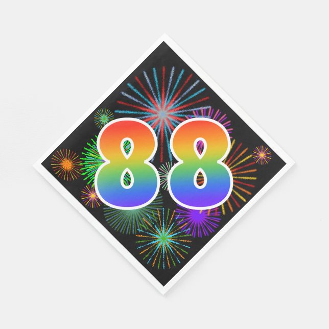 Colourful Fireworks + Rainbow Pattern "88" Event # Napkin (Corner)