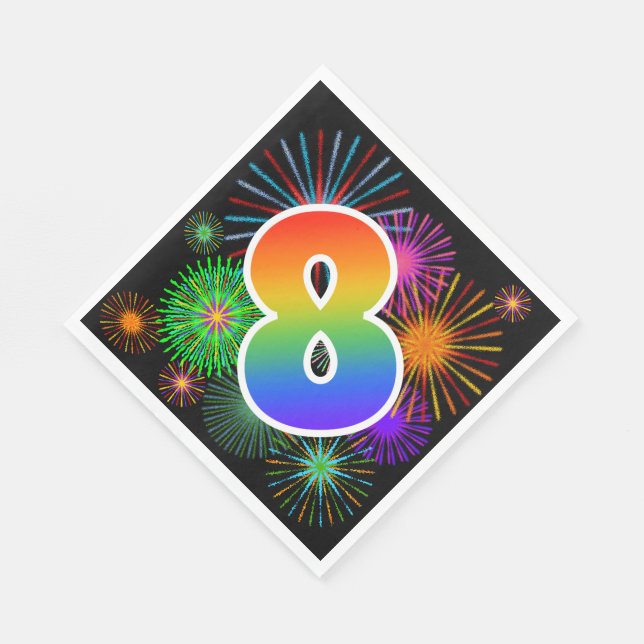 Colourful Fireworks + Rainbow Pattern "8" Event # Napkin (Corner)