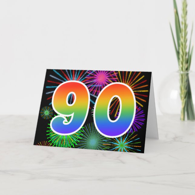 Colourful Fireworks + Rainbow Pattern "90" Event # Card (Front)