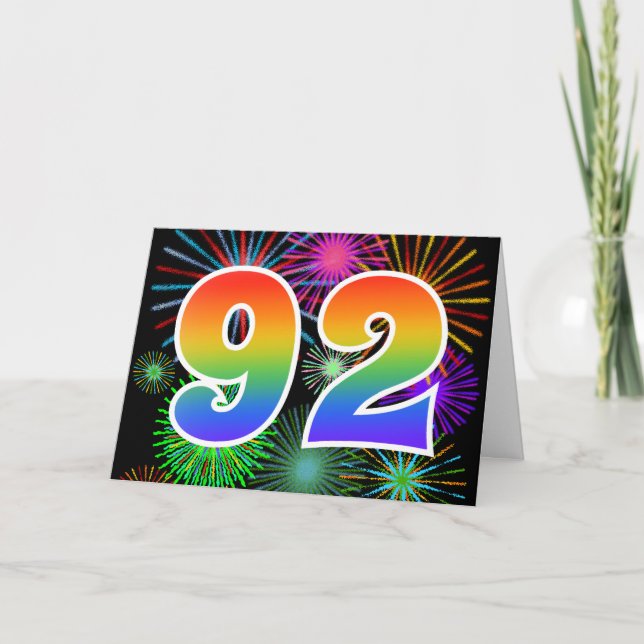 Colourful Fireworks + Rainbow Pattern "92" Event # Card (Front)