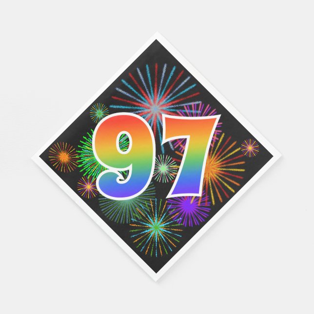 Colourful Fireworks + Rainbow Pattern "97" Event # Napkin (Corner)