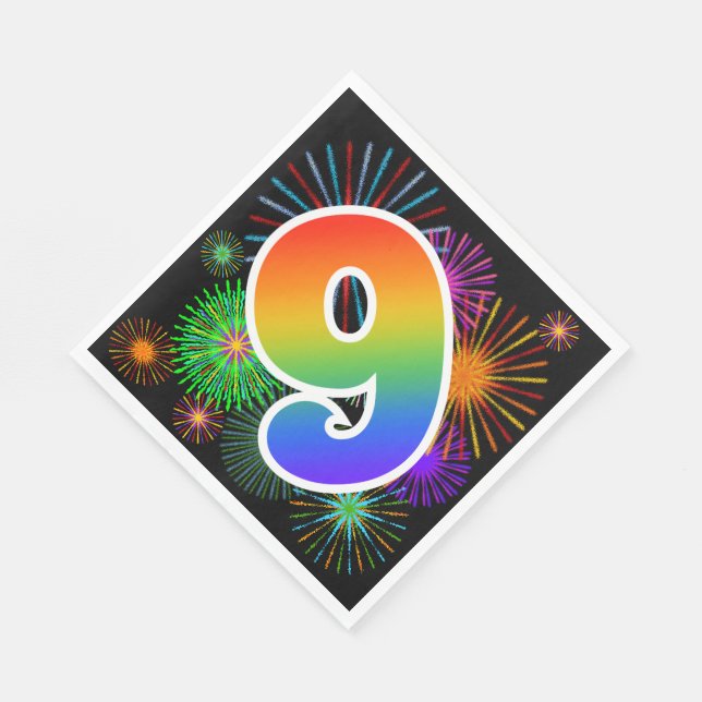 Colourful Fireworks + Rainbow Pattern "9" Event # Napkin (Corner)