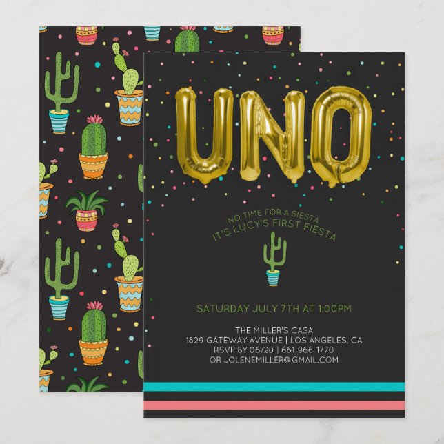 Colourful First Fiesta Birthday | UNO Balloons Invitation (Front/Back)