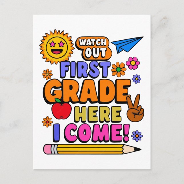 Colourful First Grade Back To School Vector Design Postcard (Front)