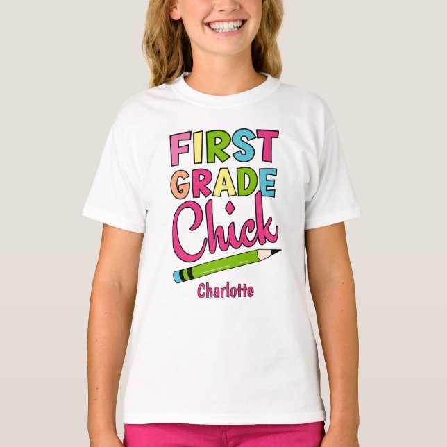Colourful First Grade Chick Back To School T-Shirt (Front)