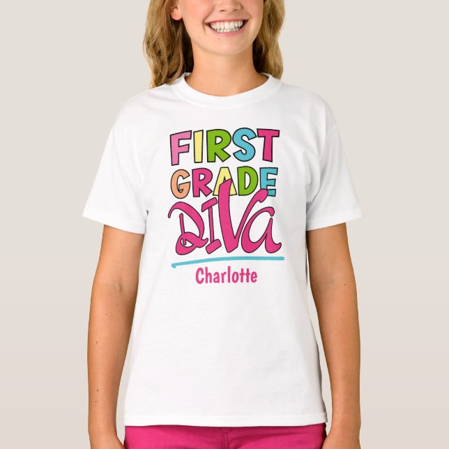 Colourful First Grade Diva Back To School T-Shirt (Front)