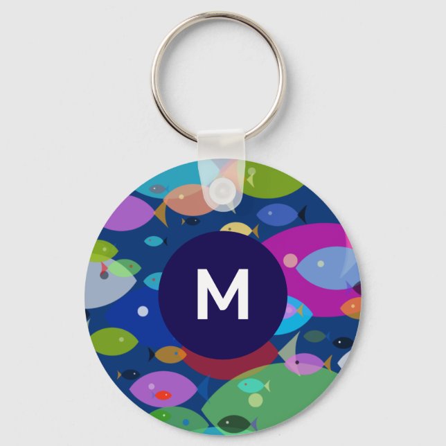 Colourful Fish Abstract Pattern Blue Monogram Key Ring (Front)