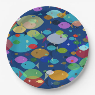 Colourful Fish Abstract Pattern Blue Paper Plate