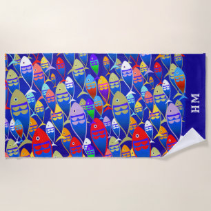 Colourful Fish Art Deco Custom Text Monogram Beach Towel