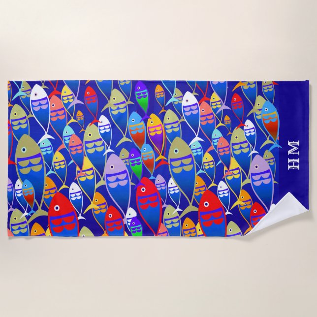 Colourful  Fish Art Deco Custom Text Monogram Beach Towel (Front)