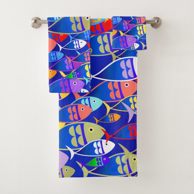 Colourful  Fish Art Deco Design Bath Towel Set (Insitu)