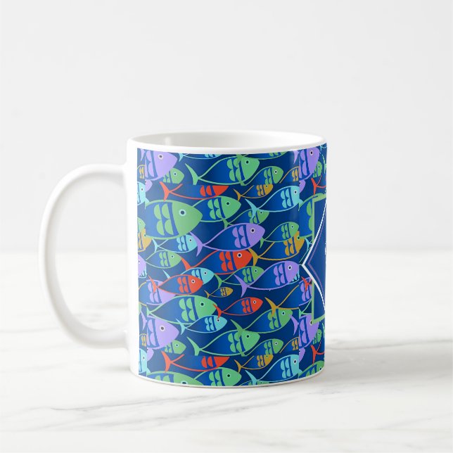 Colourful Fish Pattern Custom Name & Monogram  Coffee Mug (Left)