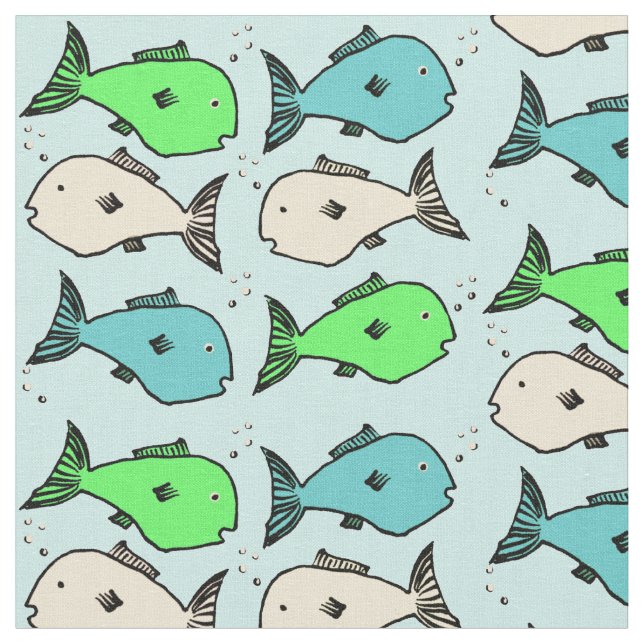 Colourful Fish Pattern on Light Blue Background Fabric (Close Up)