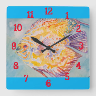Colourful Fish Watercolour Childs Boys Nursery Squ Square Wall Clock