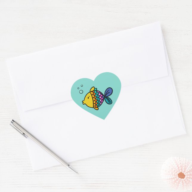 Colourful Fish with Blue Background Heart Sticker (Envelope)