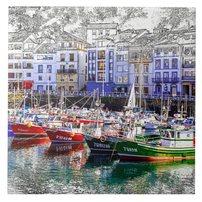 Colourful fishing boats in Luarca, Asturias, Spain Tile (Front)