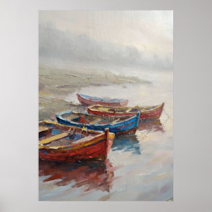 Colourful Fishing Boats Misty Shore Oil Painting C Poster