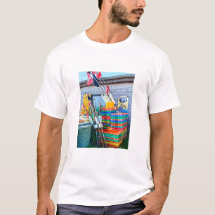 Colourful fishing buoy flags and crates in harbour T-Shirt
