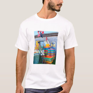 Colourful fishing buoy flags and crates in harbour T-Shirt