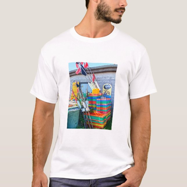 Colourful fishing buoy flags and crates in harbour T-Shirt (Front)