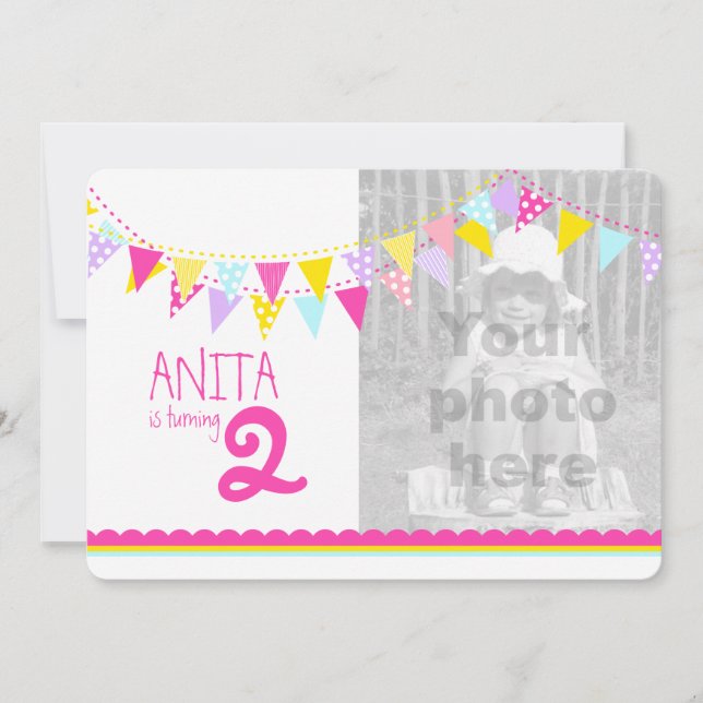 Colourful flags girls 2nd birthday party invite (Front)