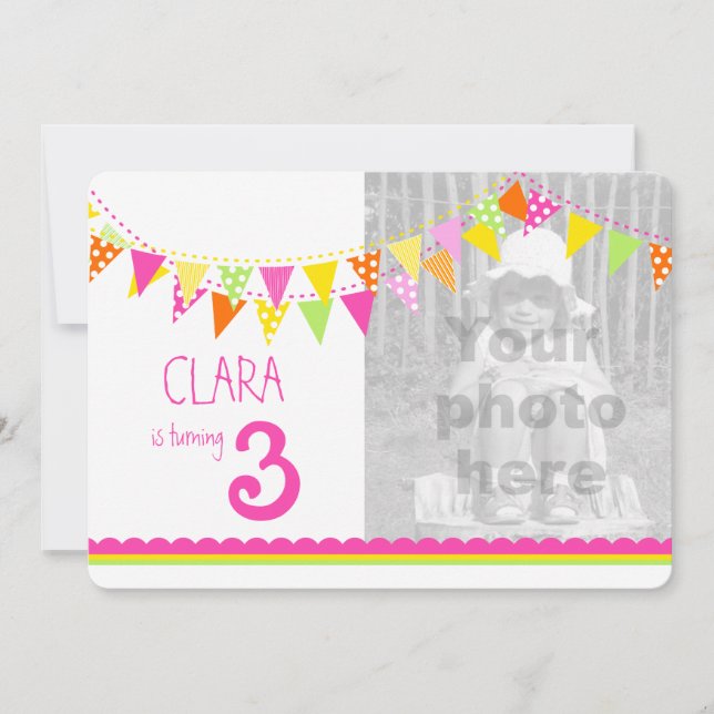 Colourful flags girls 3rd birthday party invite (Front)